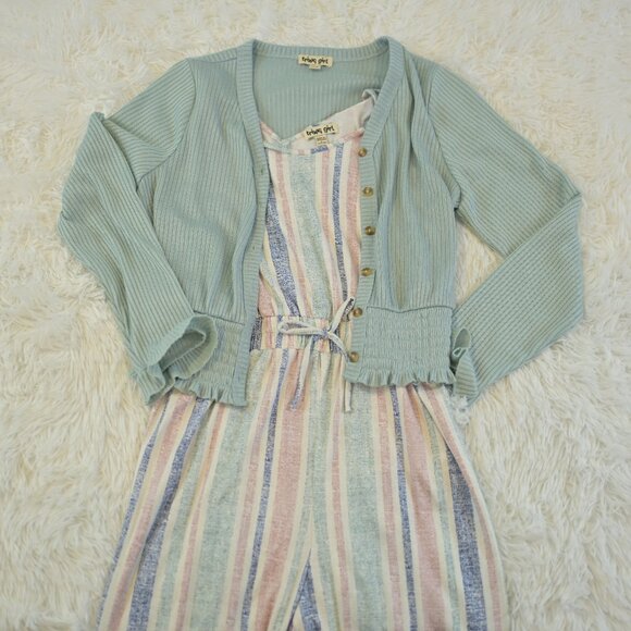 Girls 2-Piece Multi Color Strip Romper Pants Long Sleeve Button Sweater Size L - Picture 1 of 6
